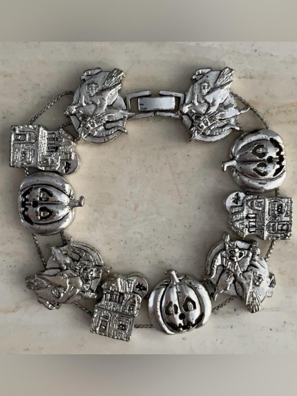 Vintage Halloween Charms Bracelet Silver Charm Sliding Charms Pumpkin Jewelry